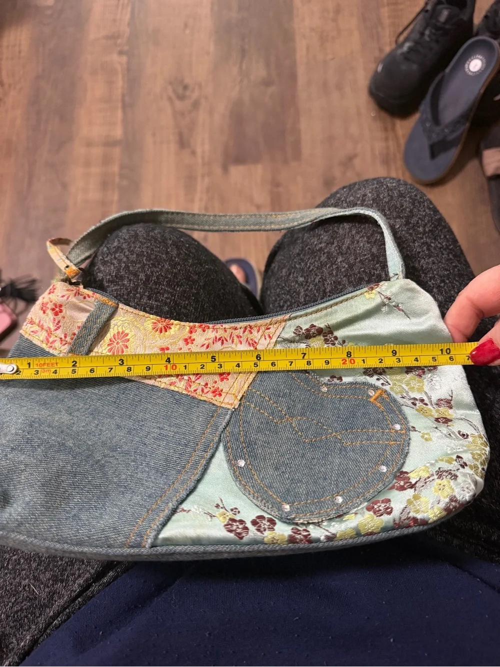 Patchwork Heart Denim Bag in Sage Green and gold accent colors.